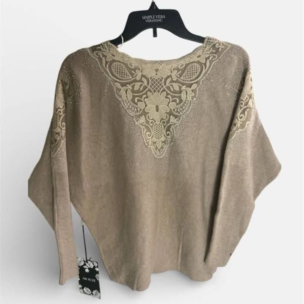 Ava RoseWomen's Taupe Lace & Crystal Poncho Sweater Sz Large